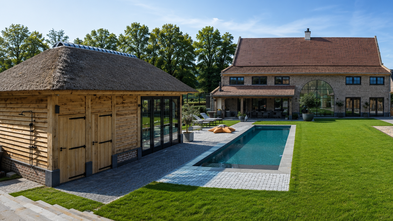 Houten poolhouse met rieten dak naast zwembad en landelijke woning