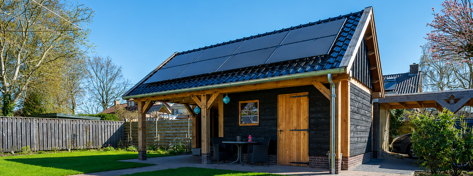 Model Border bouwpakket met veranda, zadeldak en zonnepanelen in de tuin