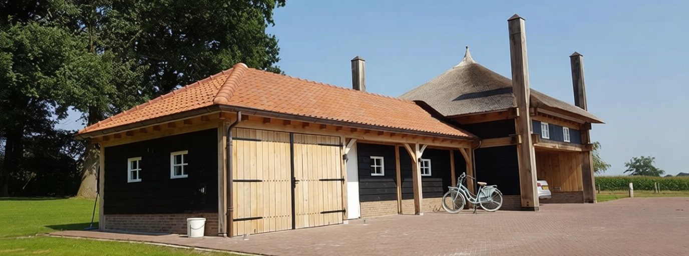 Houten bijgebouw als opslag- en bergruimte met overdekte doorgang