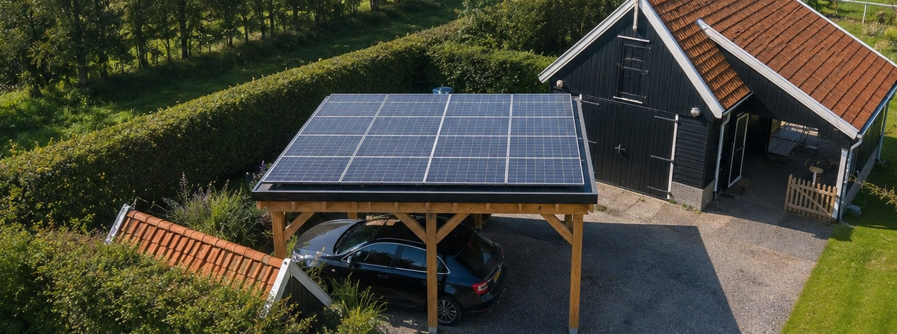 Carport met zonnepanelen en houten constructie naast bijgebouw