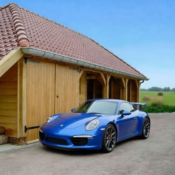 Blauwe Porsche staat voor een houten schuur met carport geparkeerd