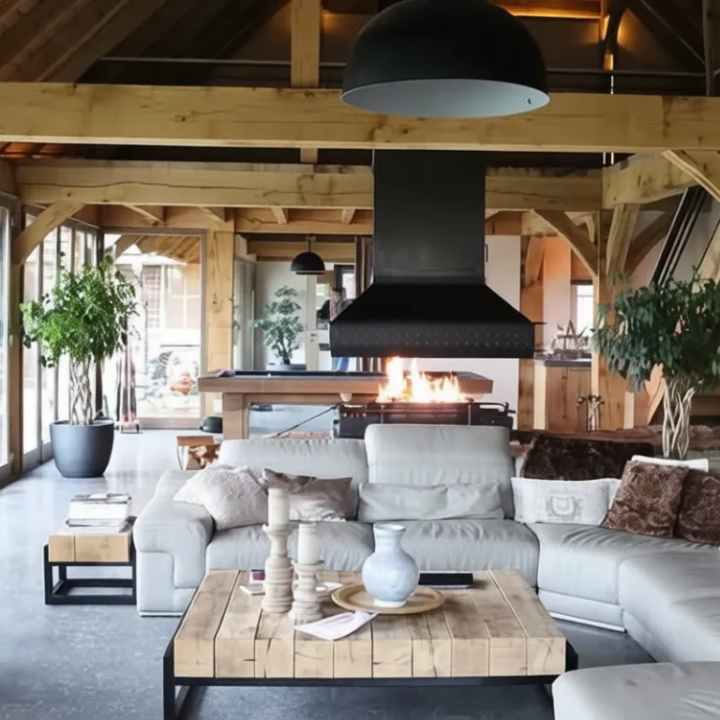Eiken leefruimte met zithoek en centraal geplaatste open haard