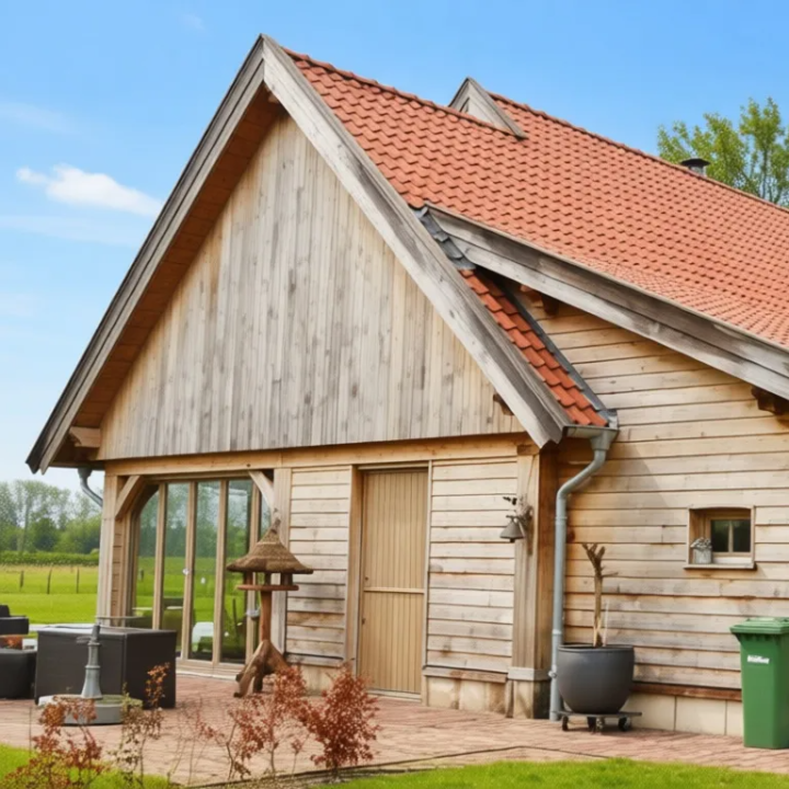 Bijgebouw van hout met serre als gastverblijf