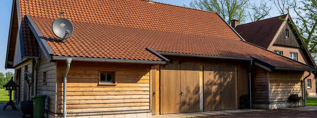 Landelijk houten bijgebouw met rood pannendak en dubbele garagedeuren in Losser