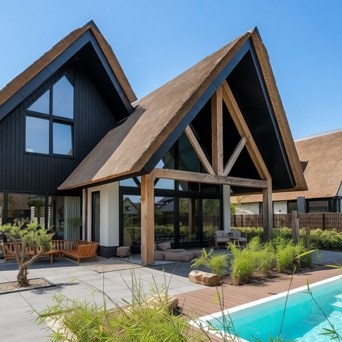 Luxe houten serre met rieten dak, glazen gevels en zwembad in de tuin