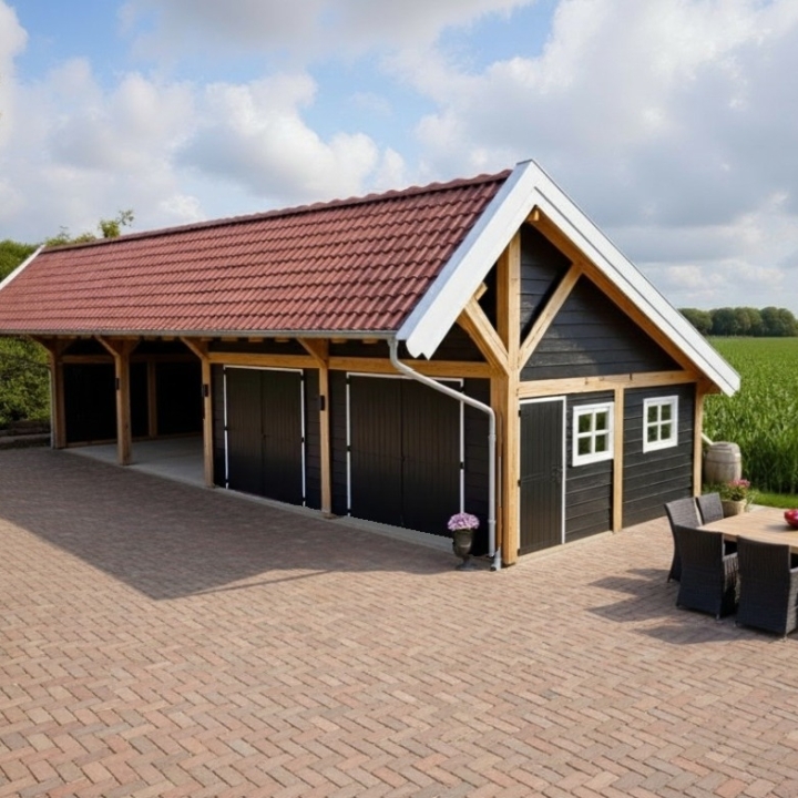 Model Kapschuur bouwpakket met overkapping, berging en terras
