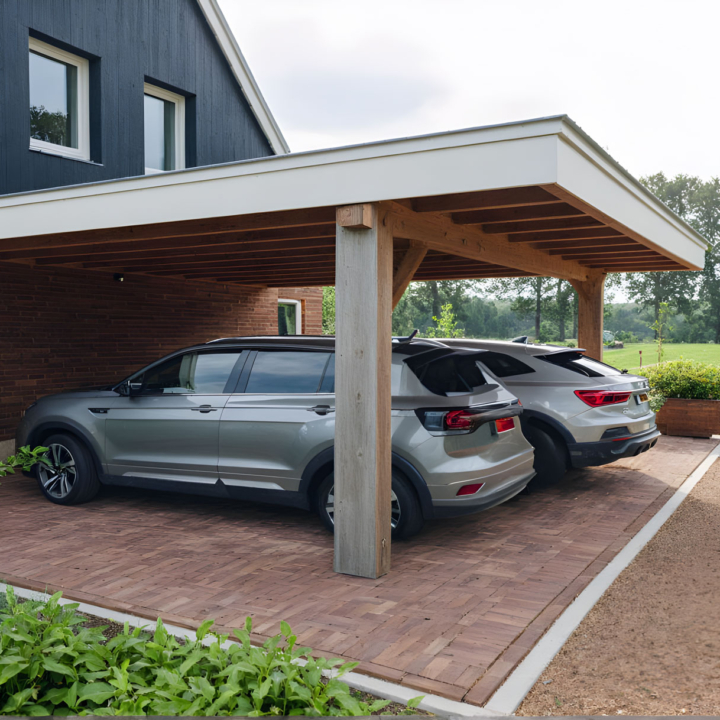 Houten carport aan woning met ruimte voor meerdere auto’s