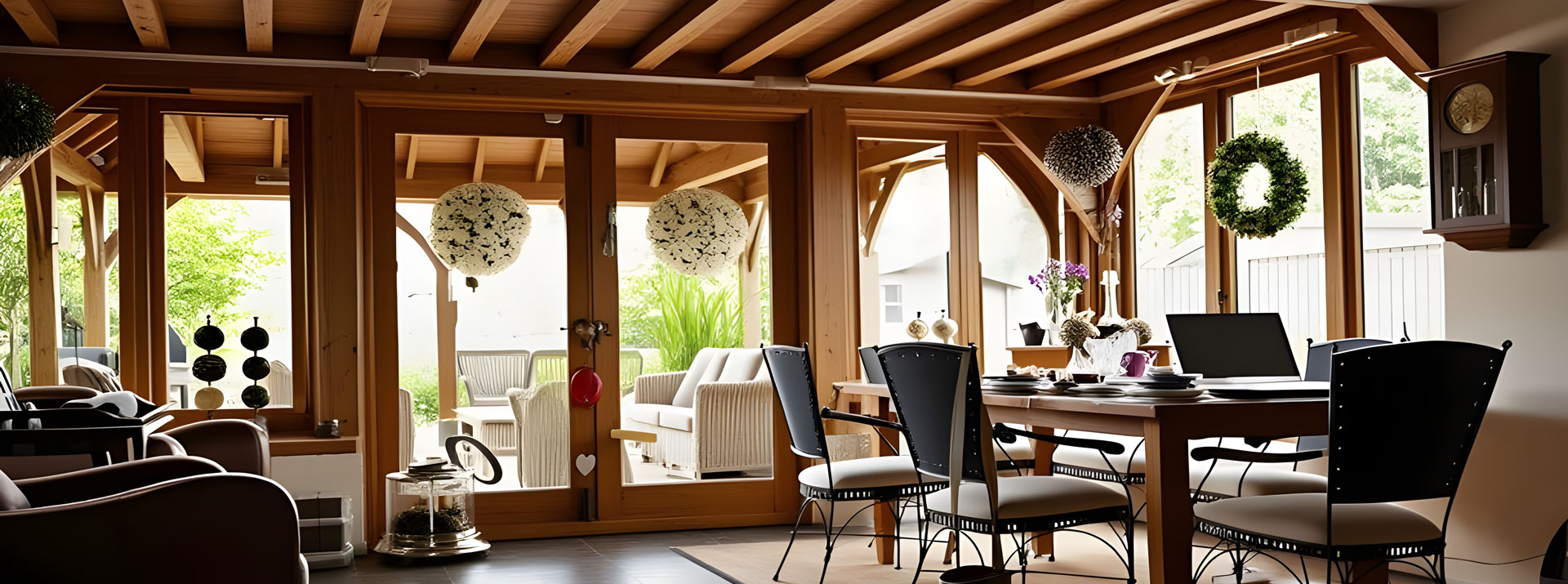 Interieur met houten overkapping, eethoek en zicht op de tuin
