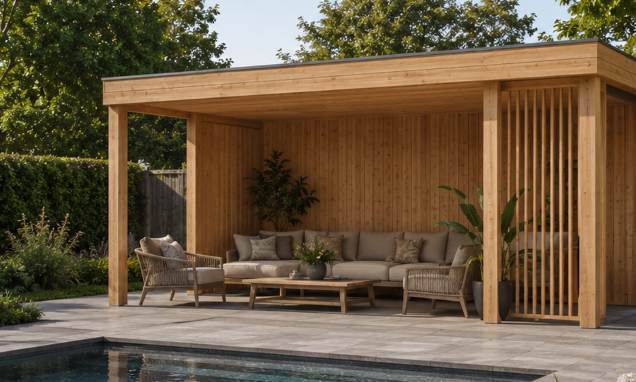 Moderne Douglas houten overkapping met plat dak en lounge naast een zwembad in een groene tuin.